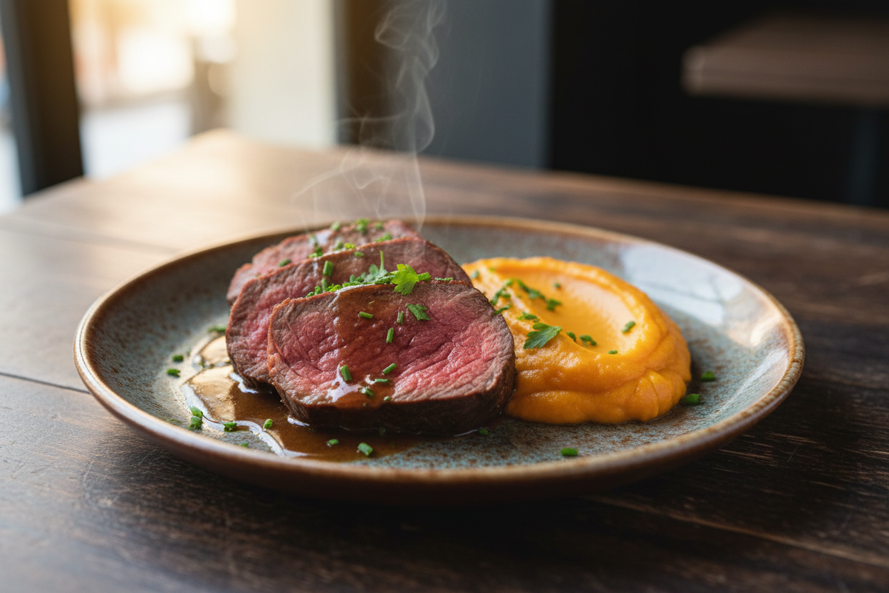 🔥 Filet de bœuf rôti, purée de patate douce et jus au romarin
