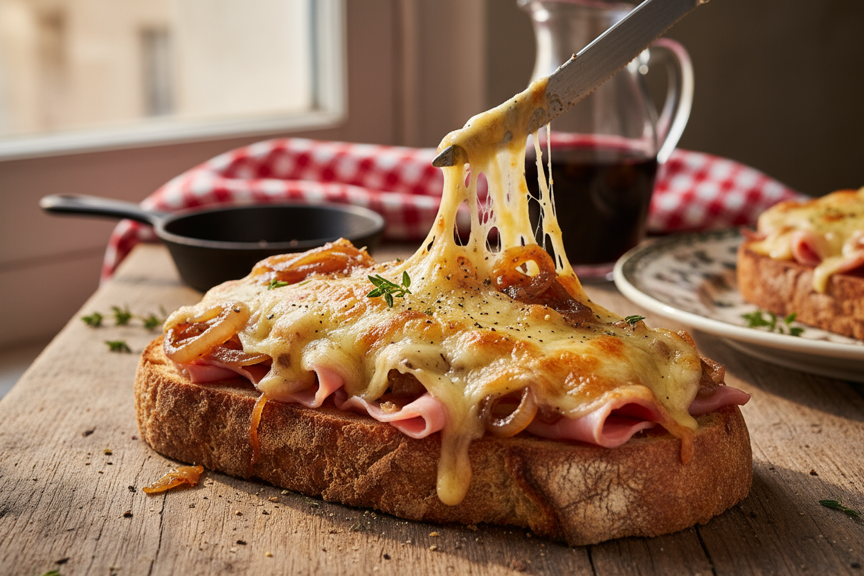 🥖 Tartine chaude au fromage, jambon et oignons caramélisés