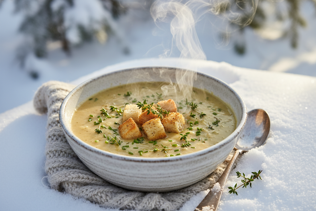 🧅 Soupe rustique de poireaux, pommes de terre et oignons dorés