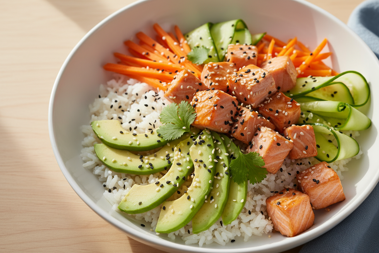 🥗 Bowl de saumon mariné, riz et légumes croquants