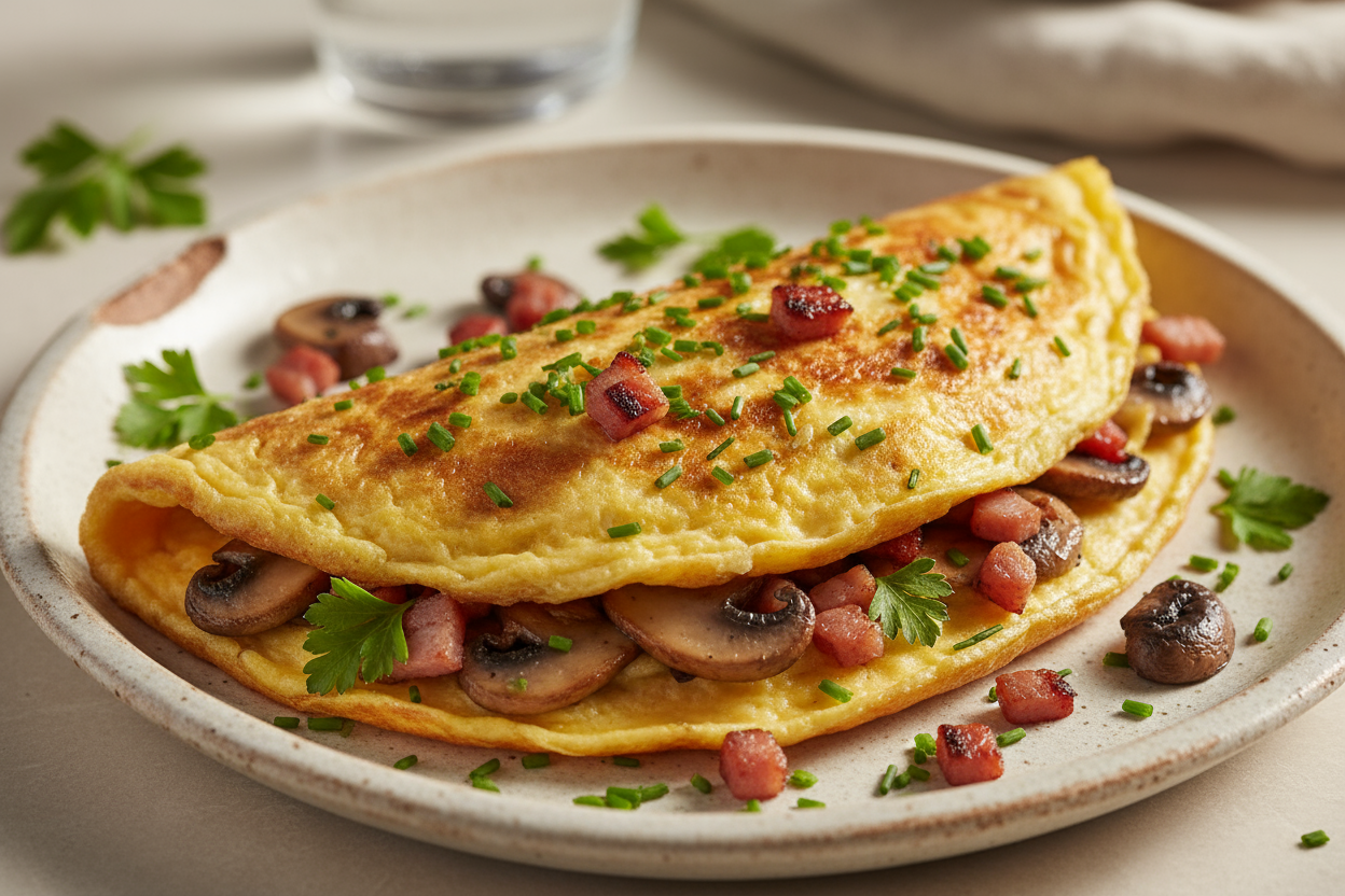 🍳 Omelette aux champignons, fines herbes et éclats de jambon grillé