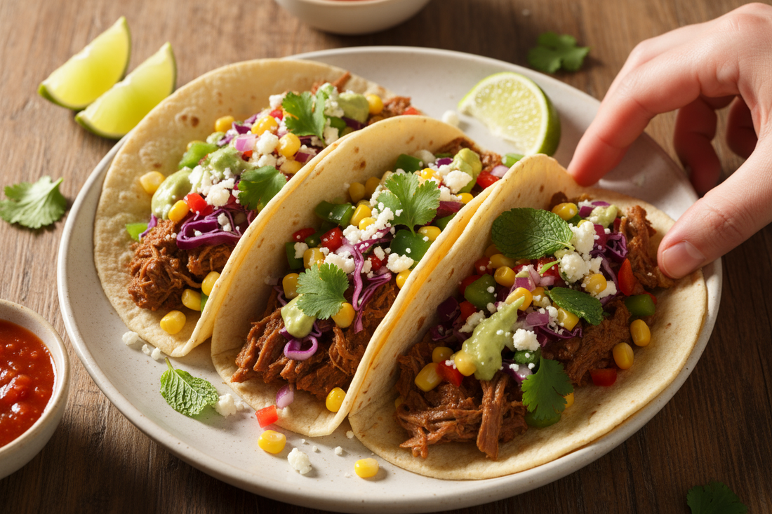 🌯 Tacos de bœuf mariné, légumes croquants et sauce citronnée
