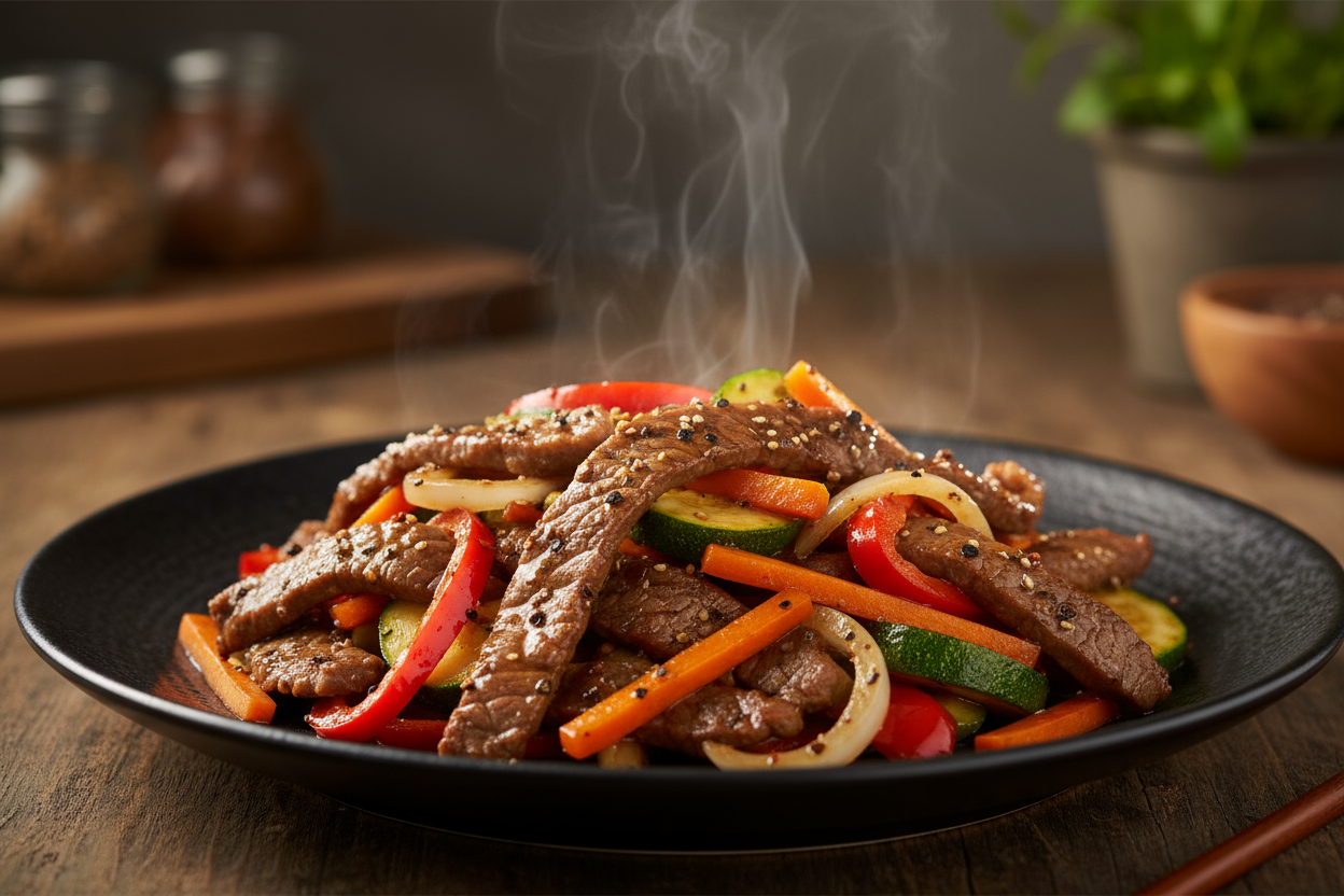 🥩 Bœuf sauté au poivre noir et légumes croquants
