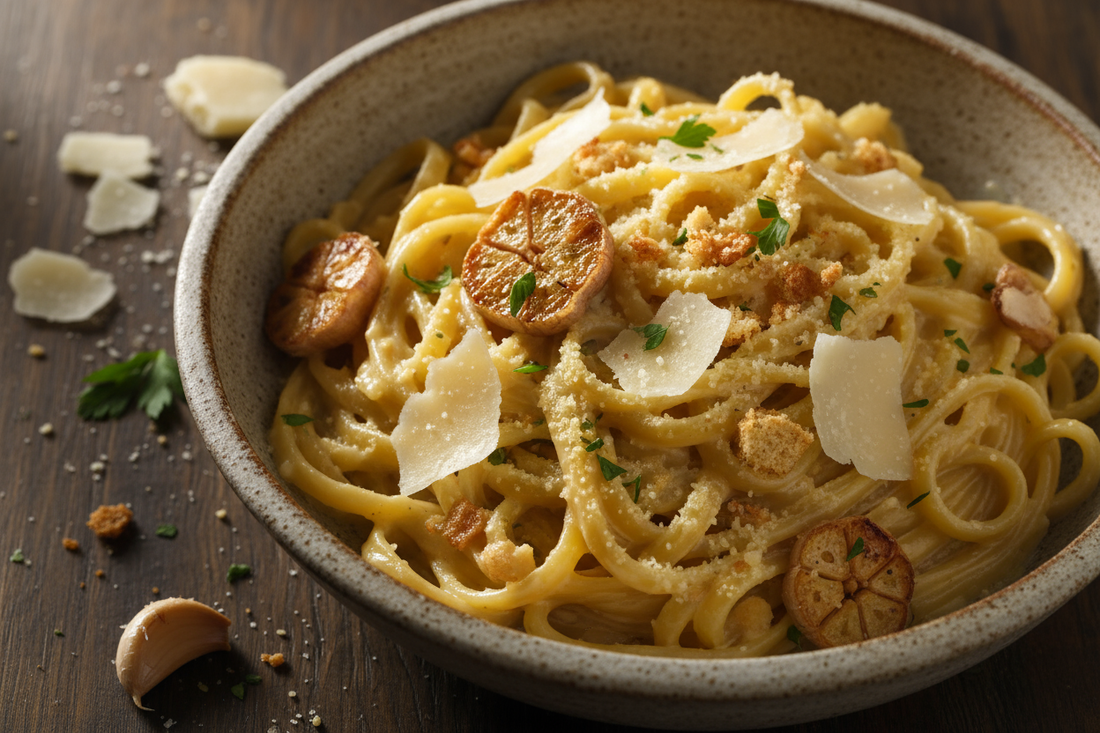 🍝 Pâtes crémeuses au parmesan et ail rôti