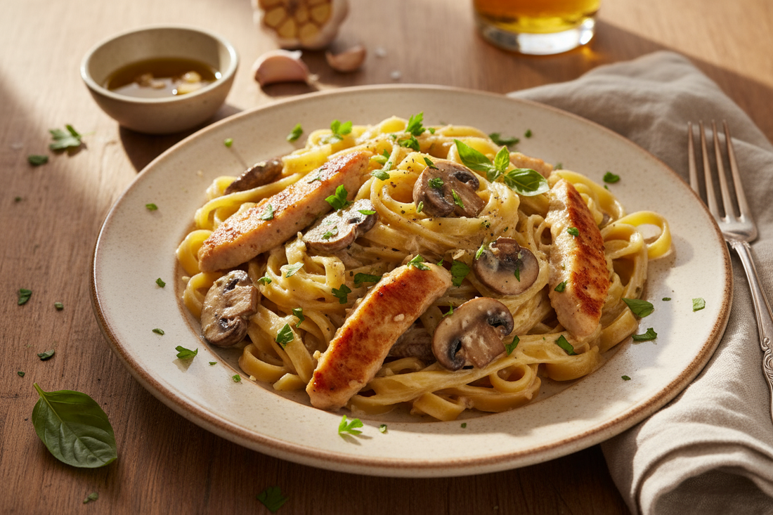 🍝 Pâtes au poulet, champignons et crème d’ail rôti