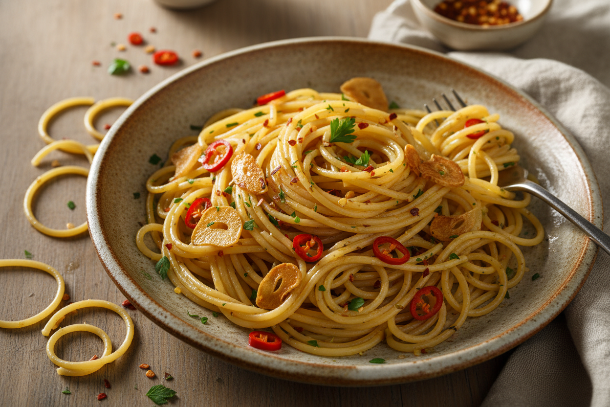 🍝 Pâtes à l’ail, huile d’olive et piment — “Aglio e Olio” façon Forgava