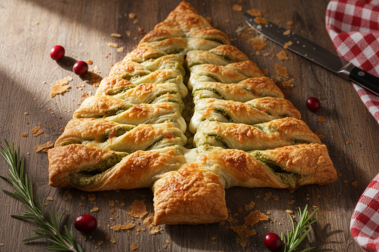 ✨ Feuilleté Sapin de Noël – pesto & fromage fondant