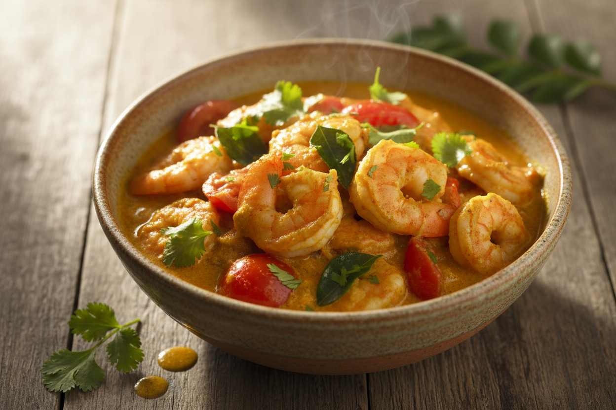 🌶️ Cari crevettes réunionnais – tomates, curcuma & feuilles de 4 épices