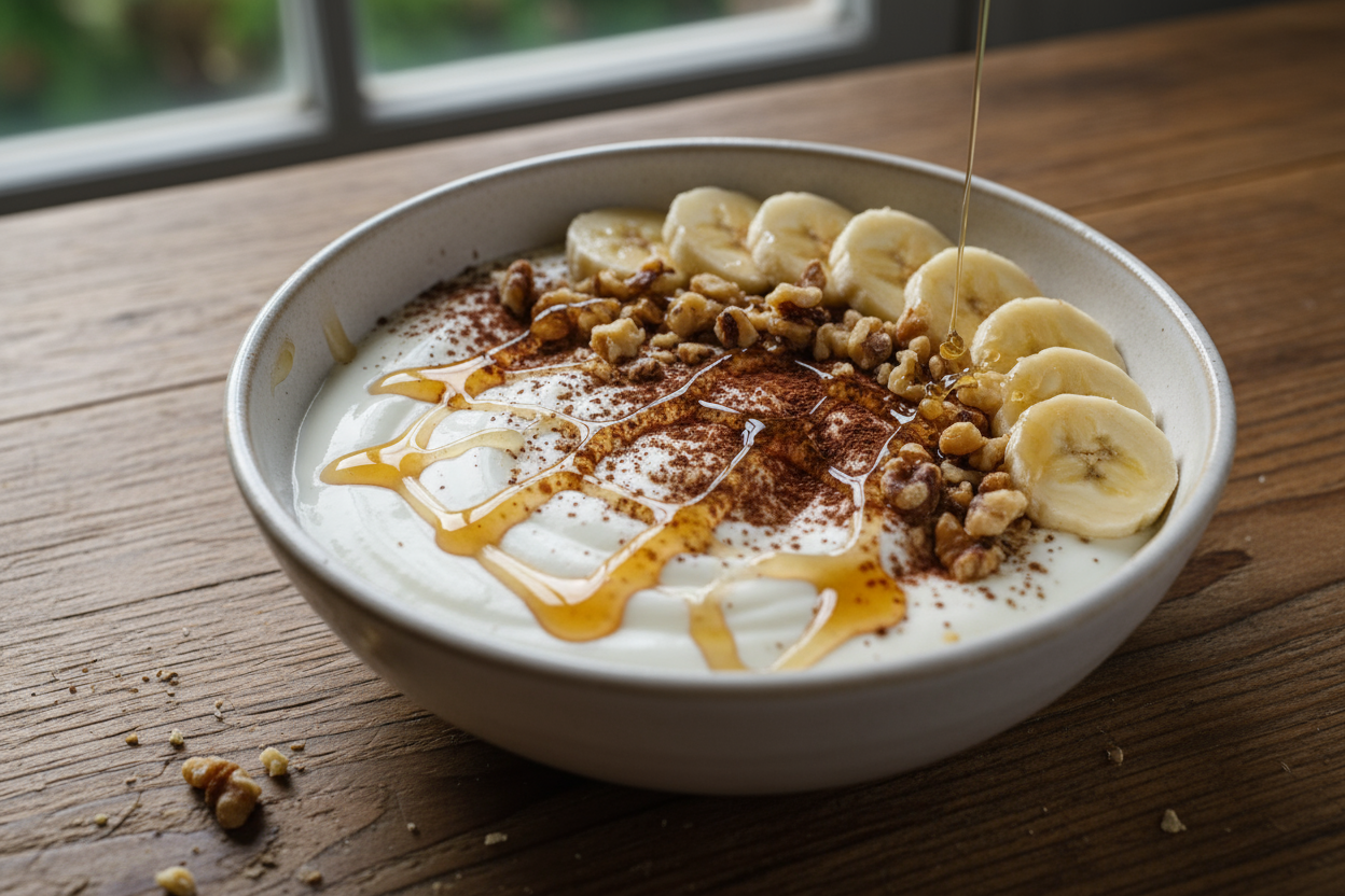 🥣 Yaourt crémeux & topping banane – cacao – noix