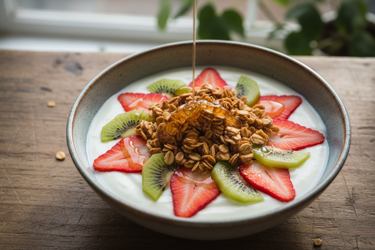 🥣 Yaourt crémeux & topping fruits frais – granola miel