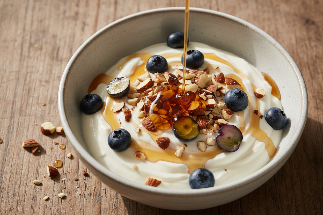 🥣 Yaourt vanille & topping myrtilles – érable & amandes