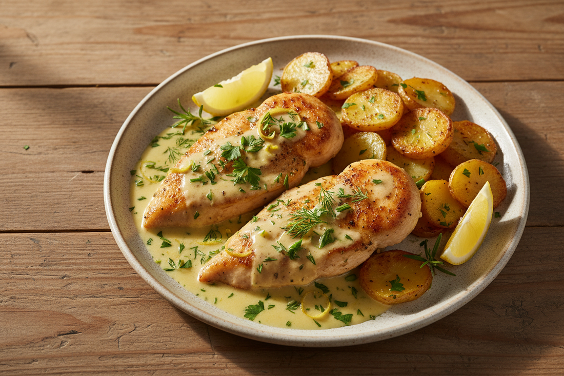 🍗 Poulet crémeux au citron & herbes avec pommes de terre croustillantes