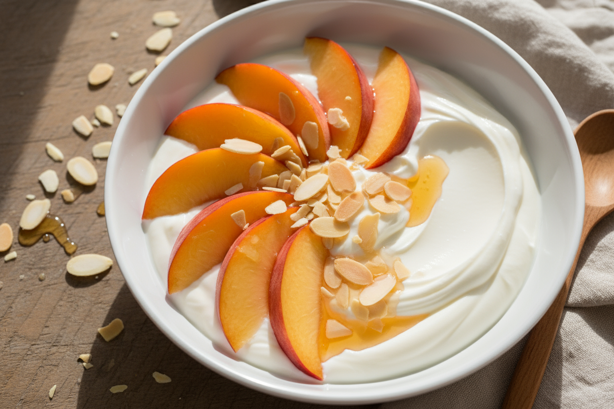 🍑 Pêches fraîches & yaourt vanille, miel et amandes