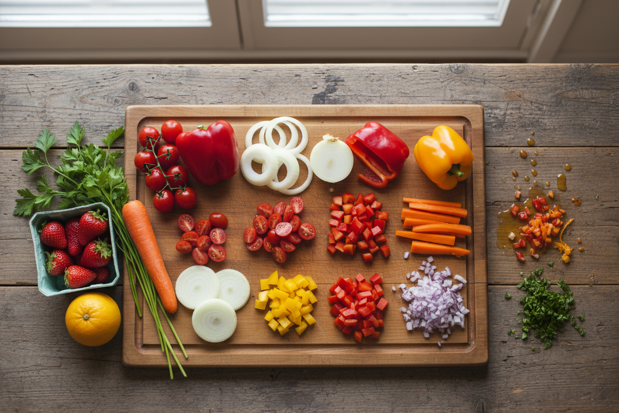 ne montre pas le couteau. Et fais une prise de haut avec une cuisine un peu plus rustique