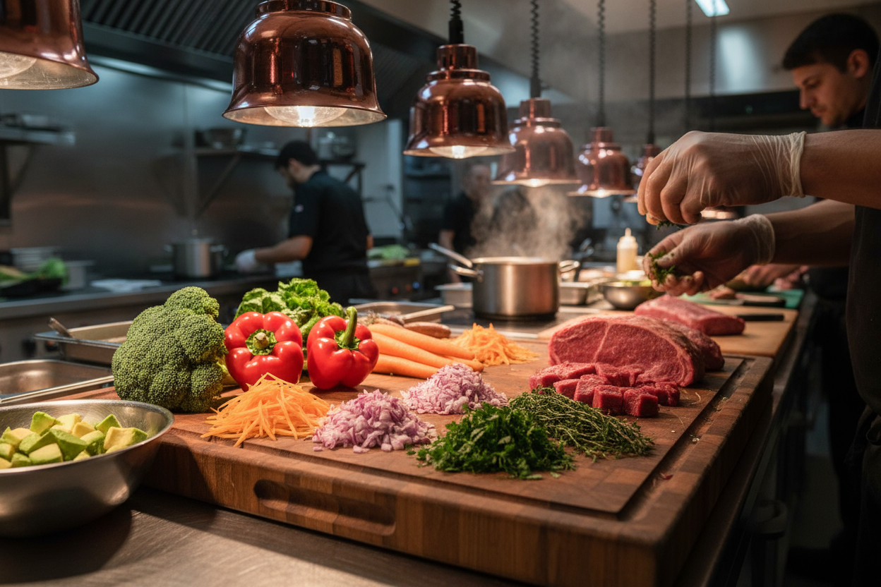 Photo de la preparation d'un plat dans une cuisine de restaurant bistronomique avec de la viandes et légumes entier, couper, hacher et emincer qui ont ete coupé coupé avec un couteau de chef.  Le couteau n'apparait pas pas sur la photo et la photo est prise de 3/4, il faut qu'on sente l'action 